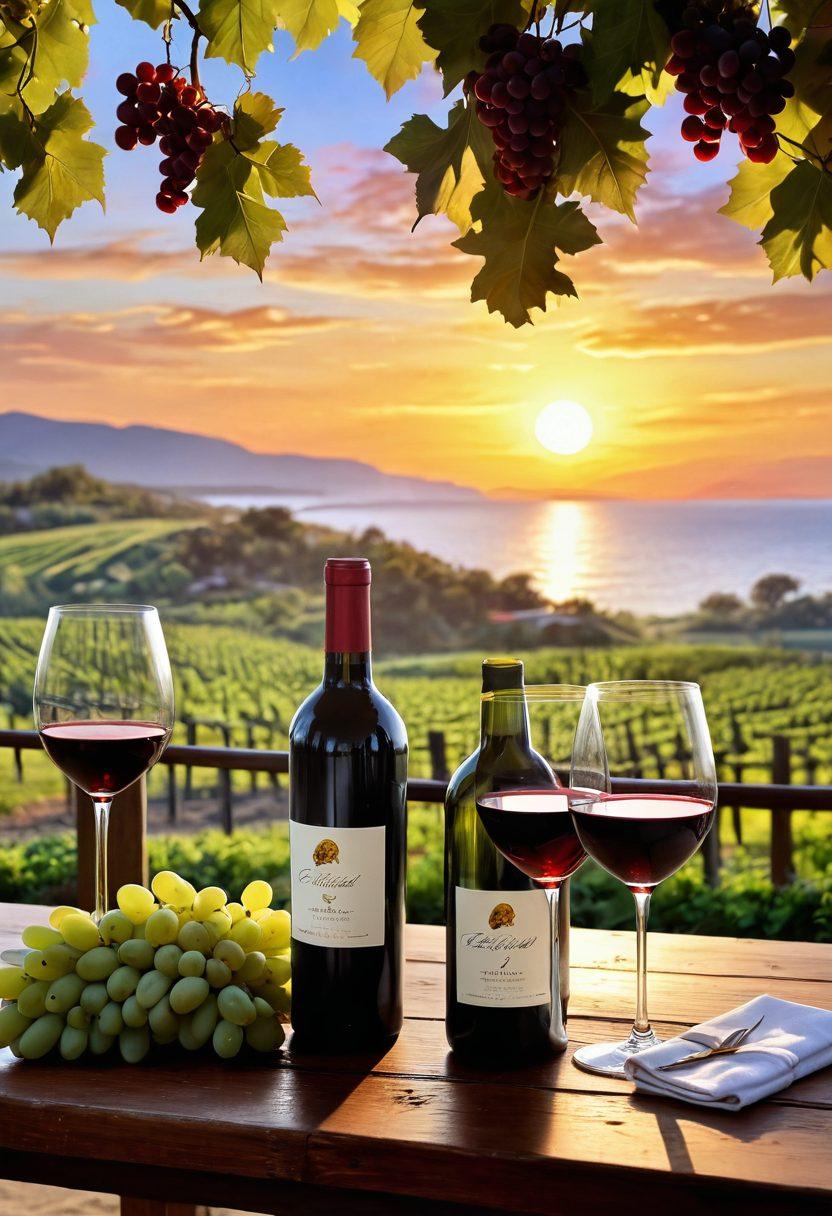 A picturesque coastal winery scene featuring elegant wine bottles of Cabernet, Merlot, and Chardonnay, surrounded by lush vineyards and a radiant sunset. Include a rustic wooden table set with glasses, cheese, and grapes, capturing the essence of fine dining and relaxation. Soft waves crashing in the background to evoke a calming ambiance. The colors should be warm and inviting, highlighting the beauty of the wines and the landscape. artful painting. vibrant colors. sunlit ambiance.