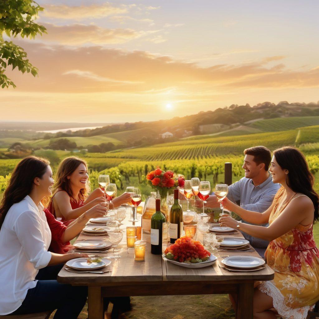 A breathtaking view of Anchor Bay with lush vineyards stretching across rolling hills, showcasing a vibrant sunset casting golden hues over wine bottles and glasses filled with red and white vintages. In the foreground, a cheerful group of diverse friends clink their glasses, exuding joy and camaraderie. Soft floral accents and rustic wooden tables enhance the scene. Illustrative, vibrant colors, painterly style.