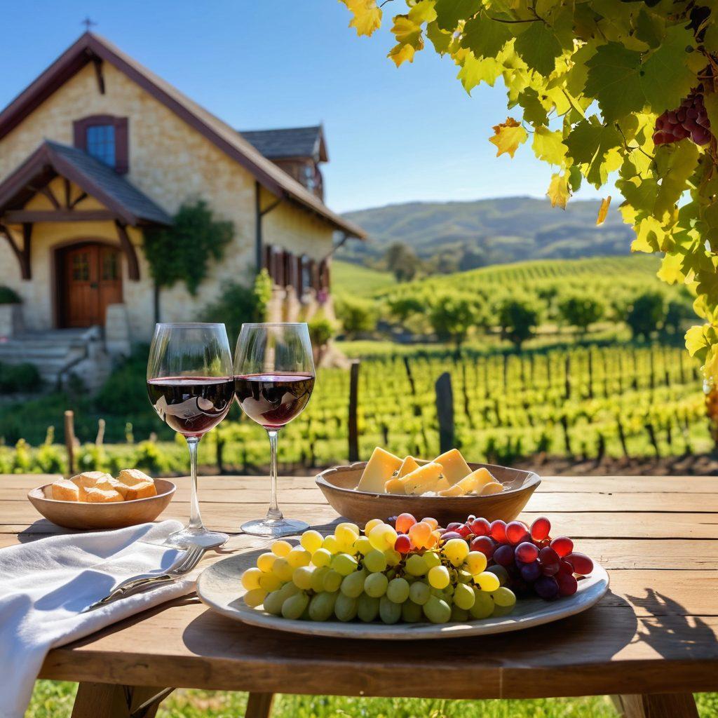 A picturesque vineyard in Anchor Bay, with rolling hills bathed in golden sunlight, showcasing rows of lush grapevines laden with ripe grapes. In the foreground, a rustic wooden table adorned with elegant wine glasses, a bottle of red wine, and a small plate of gourmet cheese. The background features a charming winery building with rustic architecture, under a clear blue sky. A sense of warmth and cheerfulness pervades the scene, inviting the viewer to savor the experience. super-realistic. vibrant colors. picturesque.